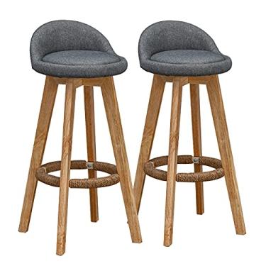 Imagem de Conjunto de 2 bancos de bar de madeira - Bancos de bar com encosto baixo com moldura de madeira e apoio para os pés para cozinha, pub, cafeteria - cadeiras de bar de café da manhã