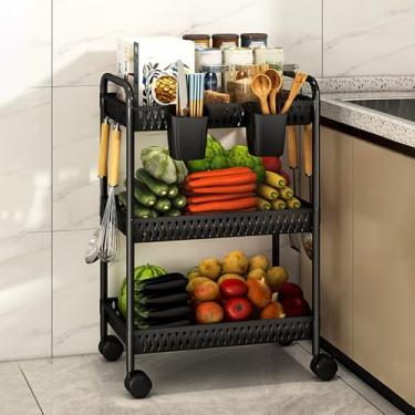 Imagem de Carrinho de armazenamento preto de 3 camadas - Carrinho utilitário de plástico para cozinha, banheiro e lavanderia, solução de prateleiras móveis para fácil armazenamento e transporte