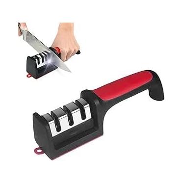 Imagem de Afiador Manual Profissional de Facas, Amolador Multifuncional em Aço inoxidável, Ferramenta de Cozinha para Afiar Lâminas, Vermelho e Preto