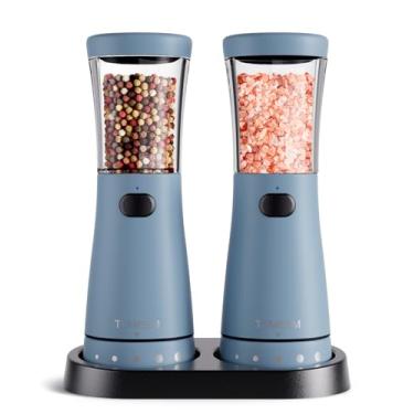 Imagem de Conjunto de moedor elétrico de sal e pimenta com base de armazenamento, conjunto de moedor de sal e pimenta recarregável de aço inoxidável com grande capacidade de 127 g, boca larga de 4,6 cm