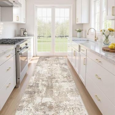 Imagem de Tapete de corredor tapetes laváveis para cozinha: 3x8 antiderrapante abstrato macio moderno resistente a manchas interior piso neutro tapete para corredor, banheiro, lavanderia, entrada, quarto - bege