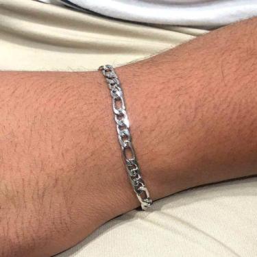 Imagem de Pulseira de aço masculina fígaro 3x1 prata chapeado 6mm aço inoxidável