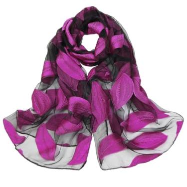 Imagem de TENDYCOCO Acessórios de verão acessórios de capa para mulheres lenço de folha de flor impresso lenço de seda feminino xale transparente, Rosa, 180x70x0.5cm
