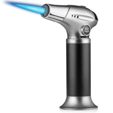 Imagem de mollie Mini isqueiro de butano com chama ajustável, pequena lanterna recarregável de cozinha para creme brulee, tocha de cozimento à prova de vento com trava de segurança, prata (gás butano não