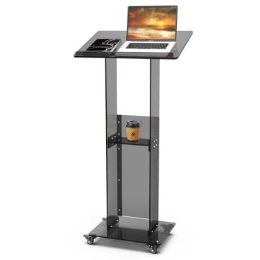 Imagem de ClarityCraze Suporte de pódio de acrílico com rodas trancáveis, 119 cm preto pódio púlpito falante pódio moderno igreja púlpito com prateleira de armazenamento para escritório, casamento, escola,