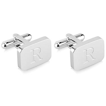 Imagem de Abotoaduras masculinas de aço inoxidável gravadas com inicial em ouro branco 18K - Letra personalizada A-Z da Lux & Pair, Aço inoxidável,