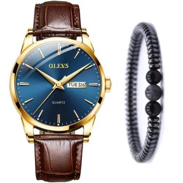 Imagem de Kit Relógio Analógico Masculino Dourado Luxo + Pulseira Hematita - OLE