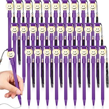 Imagem de 30 peças de caneta esferográfica de formatura com borlas Happy Face redonda caneta esferográfica 0,7 mm tinta gel preta adorável presente para festa de formatura favor estudante, escola escritório casa suprimentos (roxo)