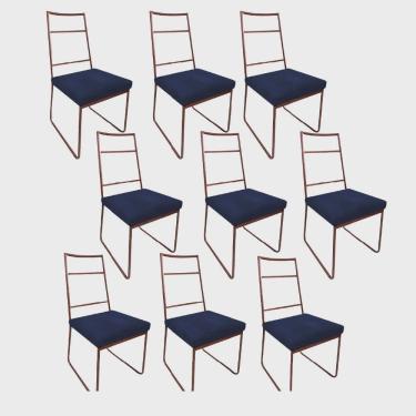 Imagem de Kit 09 Cadeiras Sala de Jantar Escritório Office Stark Industrial Ferro Bronze Suede Azul Marinho - Ahz Móveis