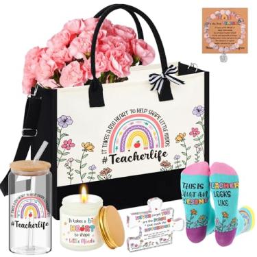Imagem de Paterr 6 peças de presentes de agradecimento do melhor professor, professor de estudante, inclui sacola de 473 ml, copo de vidro, 1 vela, 1 par de meias de algodão, 1 pulseira, presente de