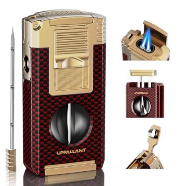 Imagem de Isqueiro de tocha de 12,7 cm em um, cortador em V, perfurador, suporte e realçador de puxar, chamas duplas ajustáveis (sem gás butano) (marrom fibra de carbono) (marrom de fibra de carbono)