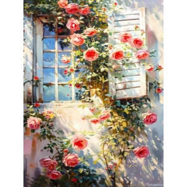 Imagem de TUTUMAY21 DIY The Charming Window View Pintura de janela pintura de janela por números para adultos kits de arte de diamante redondo completo para decoração de quarto decoração de sala de estar 30,5 x