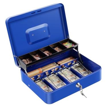 Imagem de SAFECaixa com chave de bloqueio e bandeja de dinheiro – Caixa grande para caixa registradora, caixa de metal para cofre de dinheiro, 30 x 23,9 x 9 cm, azul