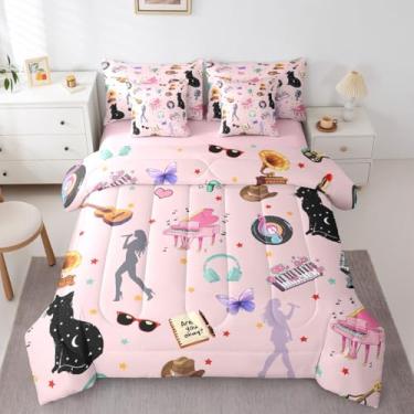 Imagem de Erosebridal Jogo de cama Queen com tema de música, branco, rosa, com tema de música, bola de discoteca, piano, para mulheres, meninas, borboleta, gato, animais, colcha com lençol de cima, decoração de