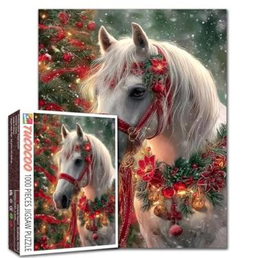 Imagem de Quebra-cabeça de animais de Natal de 1000 peças para cavalo branco adulto com pintura de poinsétia vermelha 1000 quebra-cabeças de árvore de Natal 50 cm x 78 cm faça você mesmo artesanato