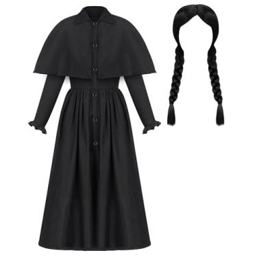 Imagem de JenPen 2 peças de roupa gótica de fantasia de Halloween para meninas negras com peruca dupla trança 2025 acessórios de vestido cosplay infantil de detetive (médio)
