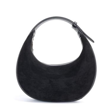 Imagem de Herald Bolsa tiracolo de camurça para mulheres, vintage Hobo Bolsa de ombro crescente com alça ajustável inverno outono, Camurça preta