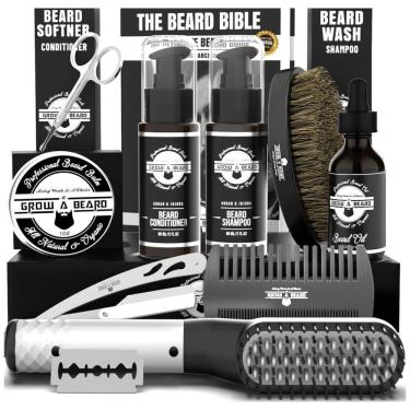 Imagem de Kit para Barba Profissional Portátil com Cera e Pente, 10 Itens, GROW ALPHA BEARD, Preto