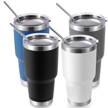 Imagem de Volhoply Caneca isolante de 900 ml com tampa e canudo pacote com 4, canecas de café de viagem de parede dupla para bebidas quentes/frias, cabe em porta-copos de carro, sem BPA (mistura, 4