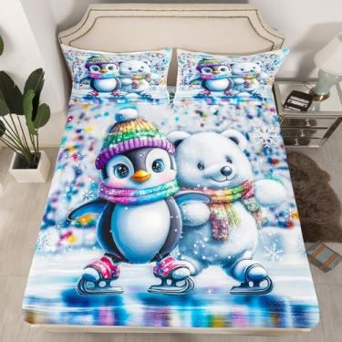 Imagem de Jogo de lençol Queen com estampa de urso polar adorável pinguim, animais patinadores engraçados (sem lençol de cima), floco de neve de inverno (1 lençol com elástico + 2 fronhas), Feliz Natal para