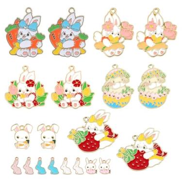 Imagem de 20 pingentes de Páscoa para fabricação de joias, 10 estilos de pingentes de coelho de liga de zinco colorido pingente de coelho bonito liga esmaltada flor ovo cenoura dia de Páscoa para brinco, colar