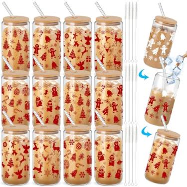 Imagem de Potchen 12 peças de copos de mudança de cor de Natal com tampas e canudos 473 ml copos de vidro de Natal copo de café gelado de Natal pode moldar copos para decoração de lembrancinhas de festa de