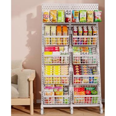 Imagem de Suporte de exibição de lanche de supermercado com fileira dupla, prateleira de armazenamento de cesta de bebidas de aço branco com 6 rodas e 10 ganchos, para cozinha de despensa de supermercado
