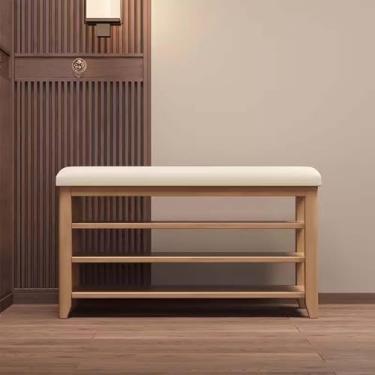 Imagem de Rack de banco de sapatos com armazenamento 128 x 30 x 50 cm, banco de entrada de madeira maciça com prateleira, organizador de sapatos de entrada com assento acolchoado, banco de armazenamento para