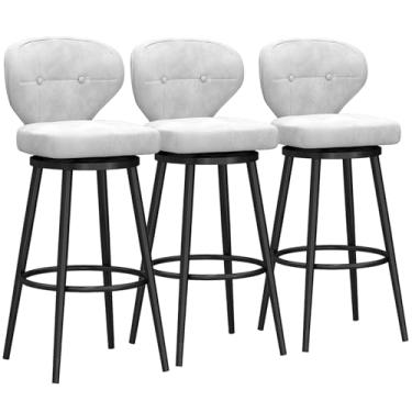 Imagem de Banquetas de bar estofadas giratórias de veludo com apoio para os pés de metal, bancos de bar com altura giratória conjunto de 3, bancos de balcão com encosto, cadeira de bar moderna para ilha de