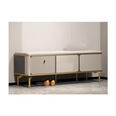 Imagem de Bancos de armazenamento de sapatos de entrada banco de sapateira com 2 portas e almofada de assento acolchoada em armário de sapatos cinza elegante organizador de sapatos e banco de entrada, para
