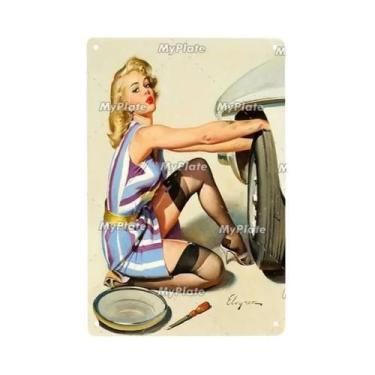 Imagem de Placa Decorativa Vintage De Metal Com Garota Pin-up Para Decoração De 