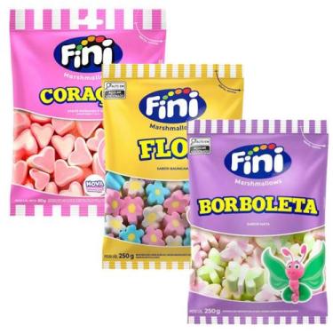 Imagem de Marshmallow Fini Borboleta Flor Coração Kit 3 Unid. 250g