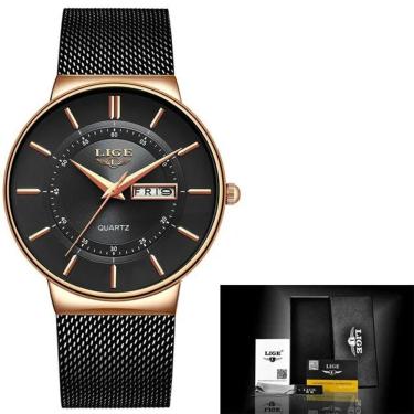 Imagem de Relógio Masculino Analógico 9949 Pulseira de Aço à Prova D'água Rosa Ouro Preto Lige