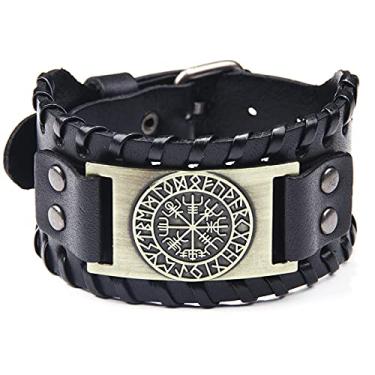 Imagem de LeMall Pulseira masculina de bússola de couro larga para presente bronze, One Size, Couro de aço inoxidável