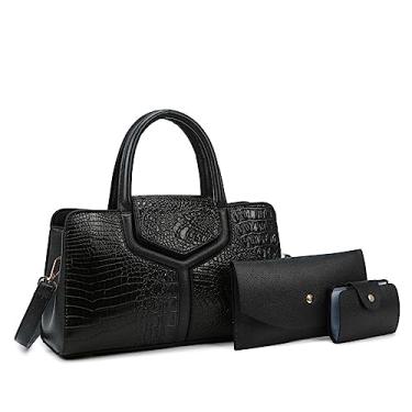 Imagem de Bolsa feminina de couro com estampa de crocodilo, bolsa transversal com alça superior, Preto