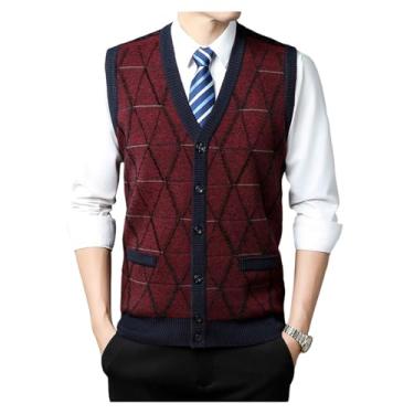 Imagem de Cardigã masculino gola V Jacquard tricotado sem mangas colete leve negócios suéter trespassado, Cor 3, M