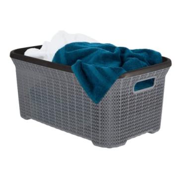 Imagem de Cesta de plástico para lavanderia pequena cesta de armazenamento, organizador de cesta de panos cinza com alças recortadas. Economia de espaço para lavanderia, quarto, banheiro, design de malha de 40