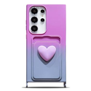 Imagem de LYQZDT Capa para Samsung Galaxy S24 Ultra 6,8 polegadas com compartimento para cartão carteira bolso fofo Kawaii 3D coração gradiente cor à prova de choque capa protetora de silicone macio (cinza