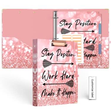 Imagem de Fichário com 3 argolas de 2,5 cm para papel tamanho carta (28 cm x 21,5 cm) com divisórias de 5 abas, eyrozill fichário rosa fofo de três anéis com etiquetas de pasta de arquivo, suporte de caneta, prancheta para mulheres material de escritório escolar