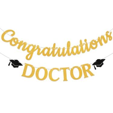 Imagem de Congratulations Doctor Banner - Decorações de graduação de doutorado, sinal de parabéns PhD, decorações de graduação de doutorado com glitter dourado