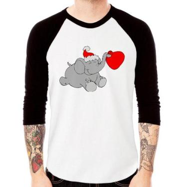 Imagem de Camiseta Raglan Elefante Noel Manga 3/4 - Foca na Moda, Branco, Preto,