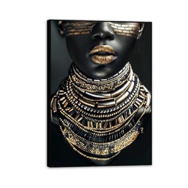 Imagem de Impressão em tela de flor africana pôsteres HD arte de parede pintura em tela arte mulher negra sala de estar decoração de parede mural 100 x 70 cm (39 x 28 pol) moldura preta