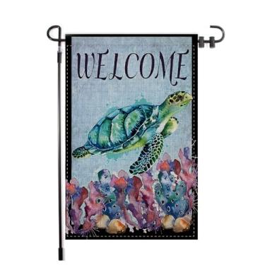Imagem de Welcome Sea Turtle Garden Flag Beach Garden Flag 30,5 x 45,7 cm, serapilheira dupla face, bem-vindo, verão, rústico, litoral, sazonal, oceano, jardim, bandeira, decoração ao ar livre