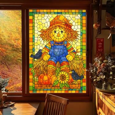Imagem de HOMETITUTE Película decorativa para janela de espantalho de outono 79 x 129 cm película decorativa para janela outono abóbora girassol corvo vidro aderente para porta espelhada, decoração de