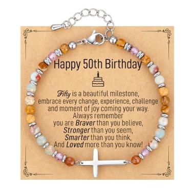 Imagem de AryaHozel Presentes de aniversário para mulheres, pulseira de cruz de pedras preciosas coloridas, presentes de aniversário de 15, 16, 18, 21, 30, 40, 50, 60, 65 anos, presentes de aniversário para