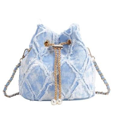 Imagem de Extolove Bolsa jeans feminina acolchoada com cordão, bolsa Hobo, bolsa tiracolo, Azul e branco