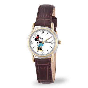 Imagem de Relógio feminino Minnie Mouse – Relógios femininos estilosos da Minnie Mouse, presente perfeito, relógio elegante e divertido – pulseira de couro marrom, caixa prateada, mostrador branco, bisel