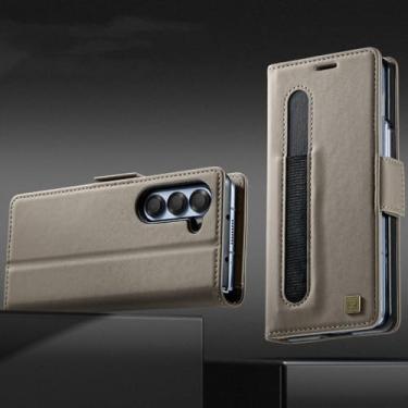 Imagem de YOGISU Capa tipo carteira de couro para Samsung Galaxy Z Fold6 com suporte para caneta e bloqueio de slot (para Samsung Galaxy Z Fold6/cinza)