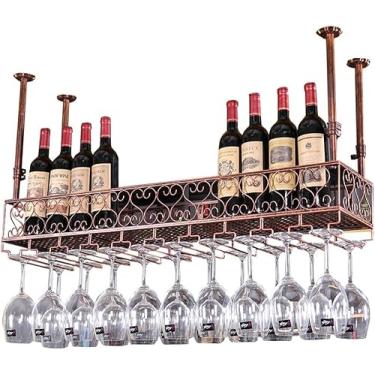 Imagem de Prateleira de parede de metal para bar | Suporte de garrafa de vinho para pendurar na parede com altura ajustável | Suporte de copo de vinho de teto suspenso | Suportes para taças, marrom (marrom 80