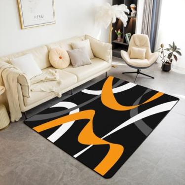 Imagem de Erosebridal Tapete abstrato preto laranja cinza escuro branco listrado tapete interno 1,52 m x 1,28 m tapete de área com listras geométricas para crianças, meninos, adultos, homens, moderno, moderno